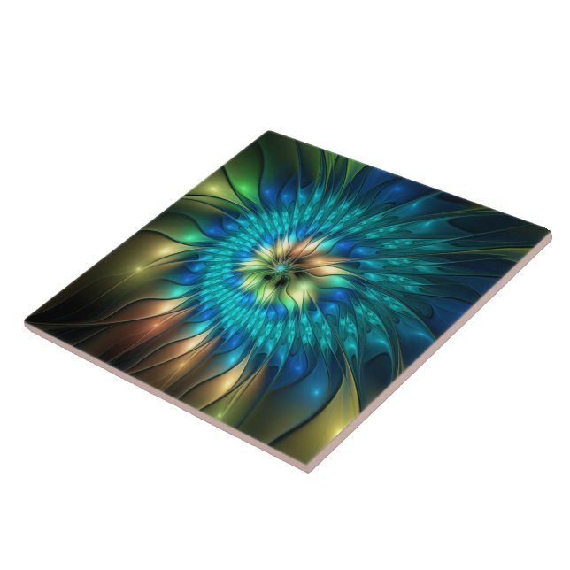 Luminous Fantasy Flower, Colourful Abstract Fracta Ceramic Tile (Side)