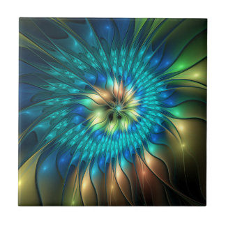 Luminous Fantasy Flower, Colourful Abstract Fracta Ceramic Tile