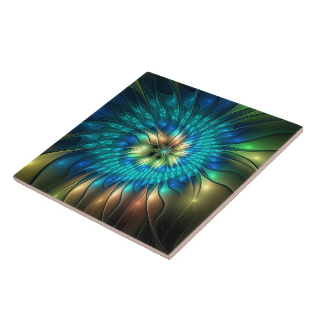 Luminous Fantasy Flower, Colourful Abstract Fracta Ceramic Tile (Side)