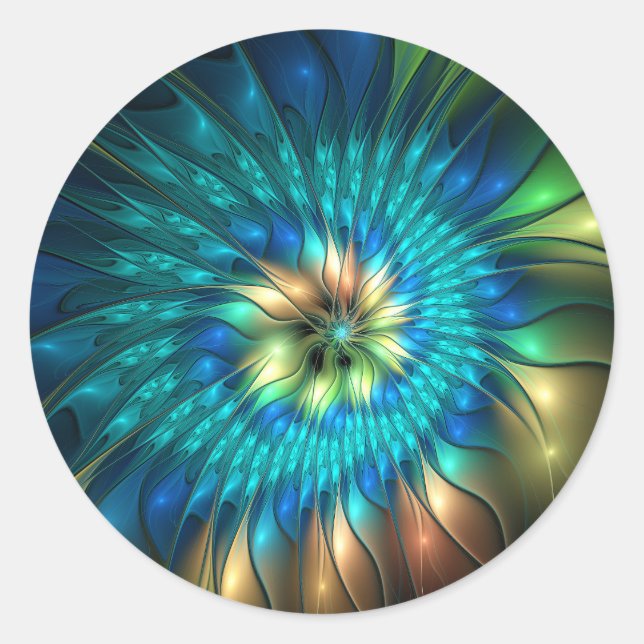 Luminous Fantasy Flower, Colourful Abstract Fracta Classic Round Sticker (Front)