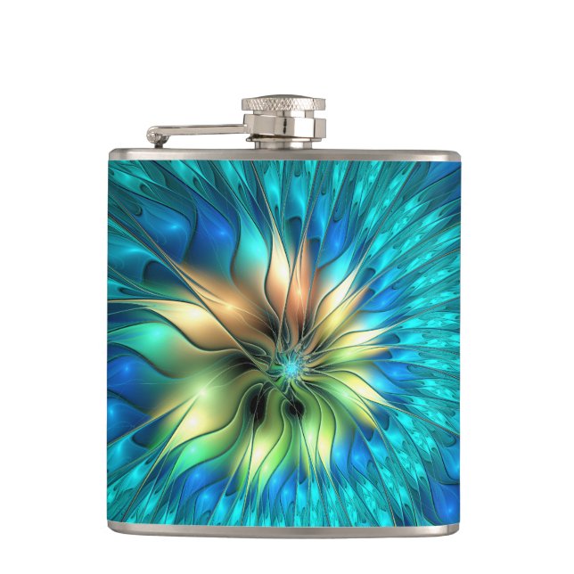 Luminous Fantasy Flower, Colourful Abstract Fracta Hip Flask (Front)