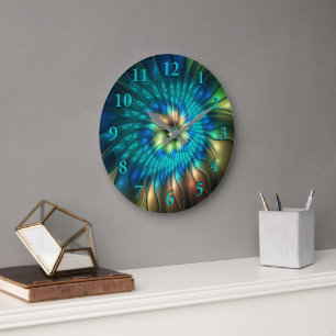 Luminous Fantasy Flower, Colourful Abstract Fracta Large Clock