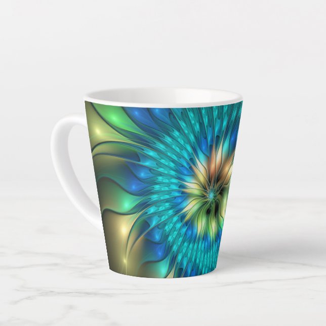 Luminous Fantasy Flower, Colourful Abstract Fracta Latte Mug (Left Angle)