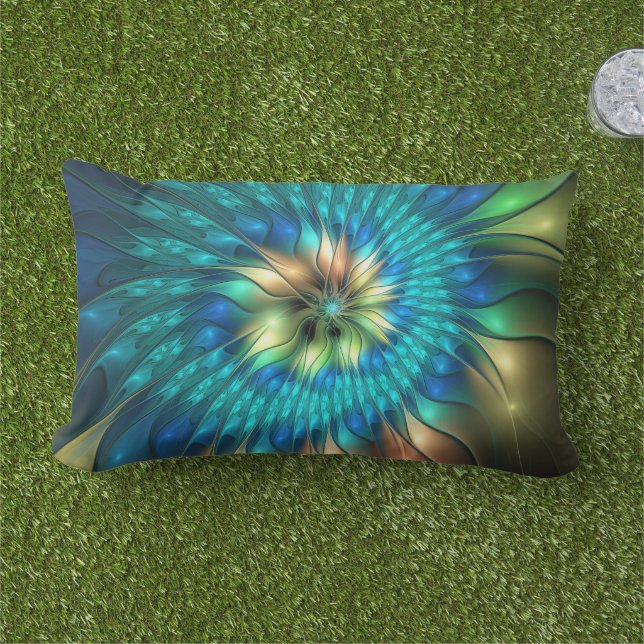 Luminous Fantasy Flower, Colourful Abstract Fracta Lumbar Cushion (Grass)
