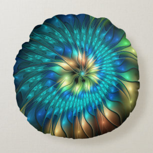Luminous Fantasy Flower, Colourful Abstract Fracta Round Cushion