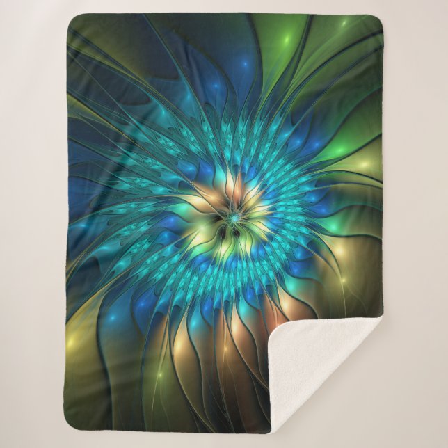 Luminous Fantasy Flower, Colourful Abstract Fracta Sherpa Blanket (Front)