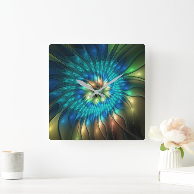 Luminous Fantasy Flower, Colourful Abstract Fracta Square Wall Clock (Home)