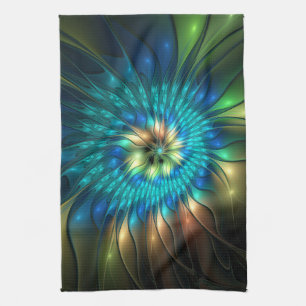 Luminous Fantasy Flower, Colourful Abstract Fracta Tea Towel