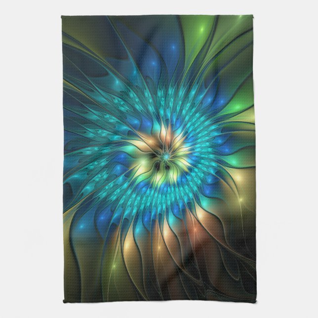 Luminous Fantasy Flower, Colourful Abstract Fracta Tea Towel (Vertical)