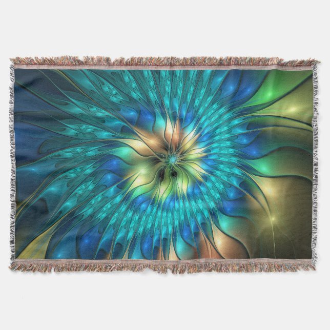 Luminous Fantasy Flower, Colourful Abstract Fracta Throw Blanket (Front)