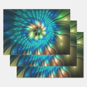 Luminous Fantasy Flower, Colourful Abstract Fracta Wrapping Paper Sheet