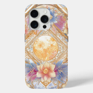 Luminous Floral Geometry in Soft Gold & Pastel iPhone 15 Pro Case