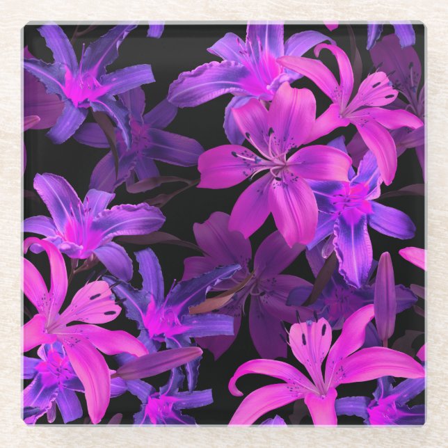 Luminous floral pattern, neon jungle lights. glass coaster (Front)