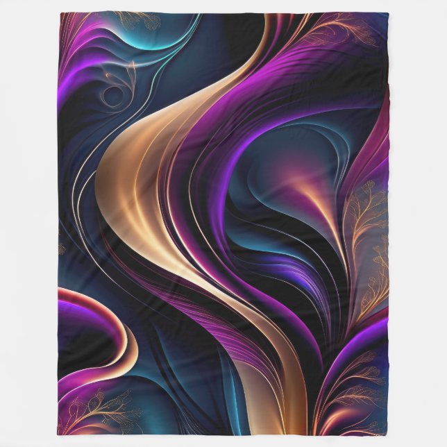Luminous Flow - Bold Purple, Teal & Gold Abstract Fleece Blanket (Front)