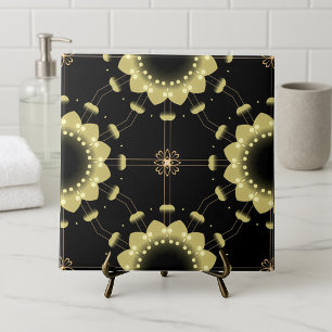 Luminous Gold Black Arabesque Geometric Mandala Ceramic Tile