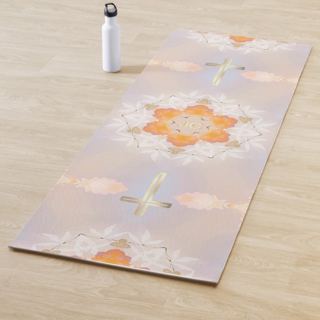 Luminous Gold Holy Cross, Pretty Orange Floral Yoga Mat (In Situ)