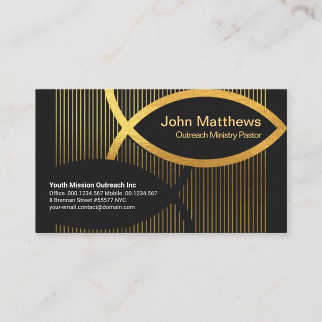 Luminous Gold Lines Gold Ichthus Christian Fish Business Card (Front)