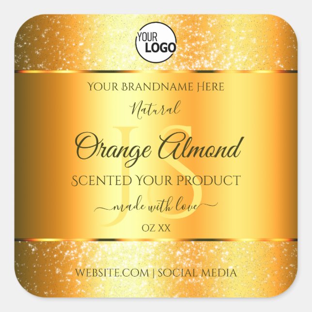 Luminous Gold Orange Sparkly Glitter Initials Logo Square Sticker (Front)