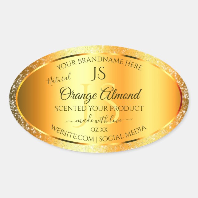 Luminous Gold Orange Sparkly Glitter with Initials Oval Sticker (Front)