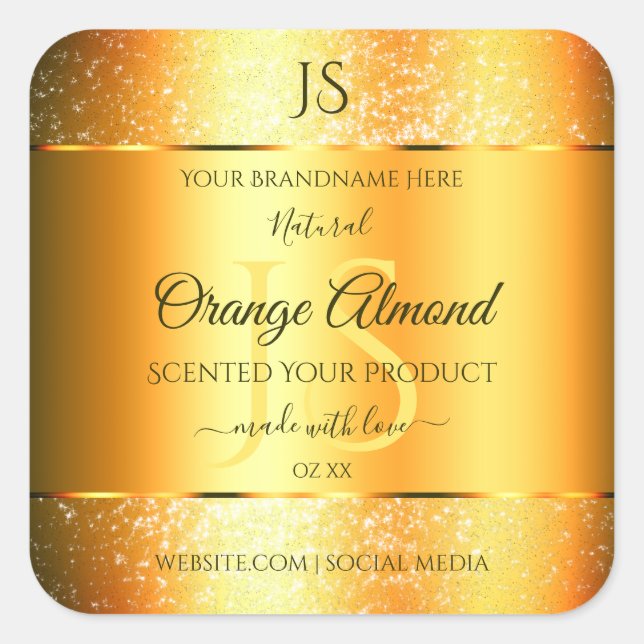 Luminous Gold Orange Sparkly Glitter with Initials Square Sticker (Front)