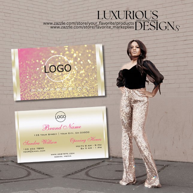 Luminous Gold Pink Purple Glitter and Logo Luxury  Business Card (Creator Uploaded)