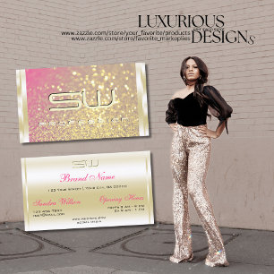 Luminous Gold Pink Purple Glitter Monogram Luxury Business Card