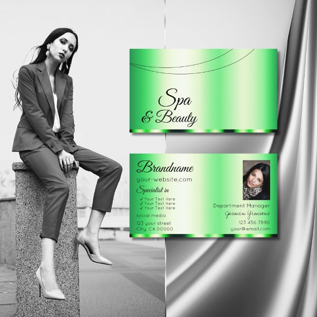 Luminous Green Glamourous with Photo Stylish Moder Business Card (Creator Uploaded)