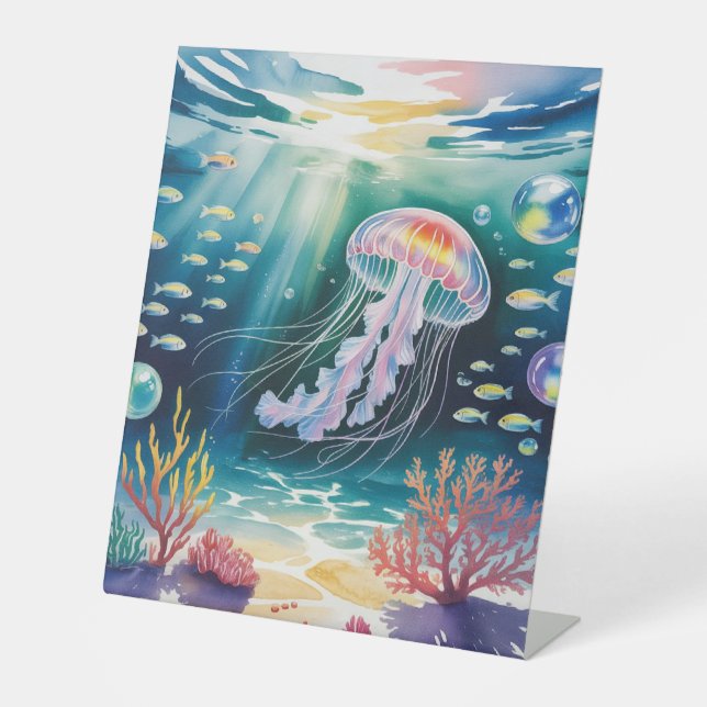 Luminous Jellyfish Underwater Scene Pedestal Sign (Front)