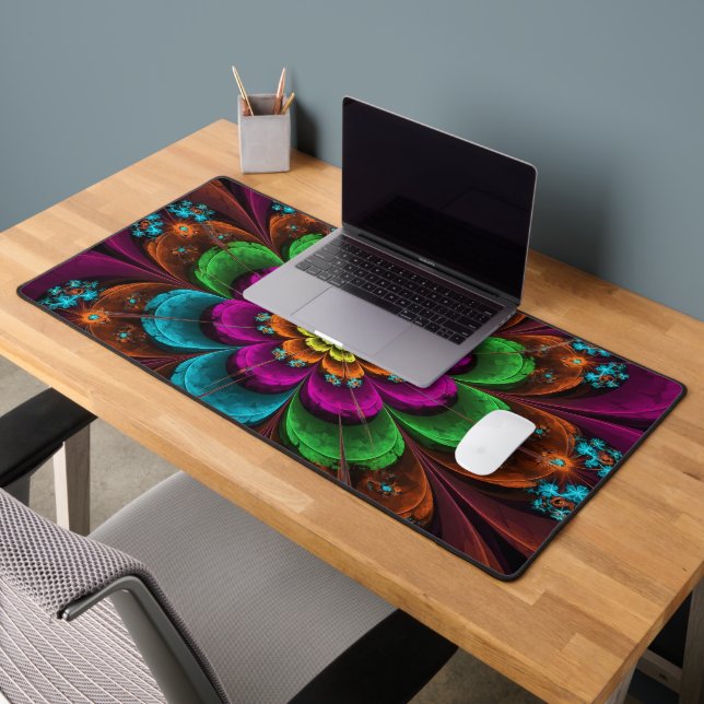 Luminous Jewel Tone Fractal Flower Desk Mat (Office 2)