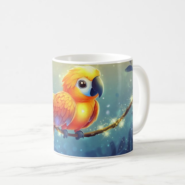 luminous macaw perched on a branch. coffee mug (Front Right)