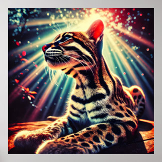 Luminous Ocelot – Mystical Jungle Lightburst Art Poster
