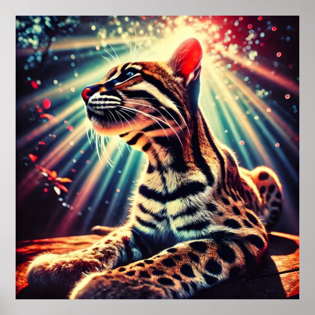 Luminous Ocelot – Mystical Jungle Lightburst Art Poster (Front)