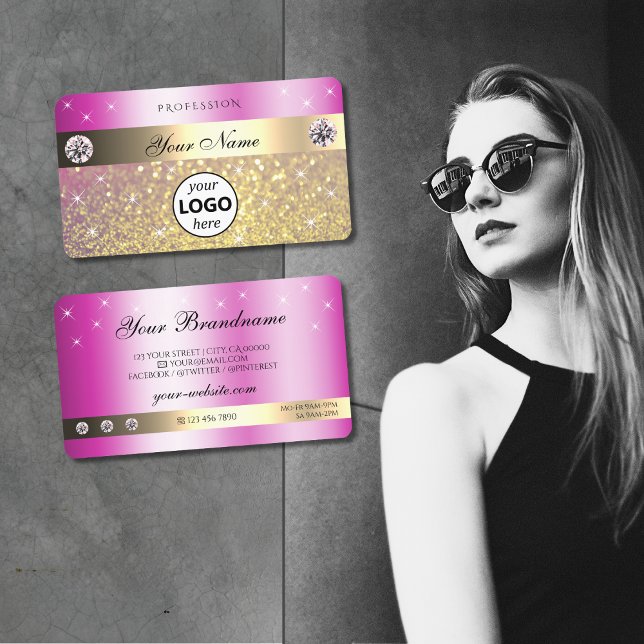 Luminous Pink Purple Gold Glitter with Logo Modern Business Card (Creator Uploaded)
