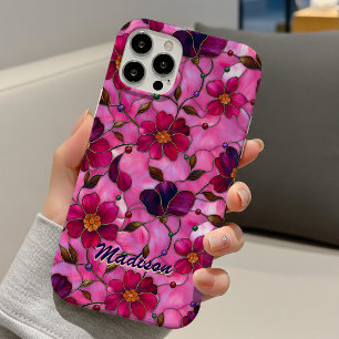 Luminous Pink Red Stained Glass Botanical Floral iPhone 16 Case