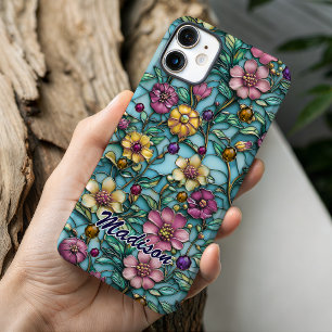 Luminous Purple Stained Glass Botanical Flower iPhone 16 Case