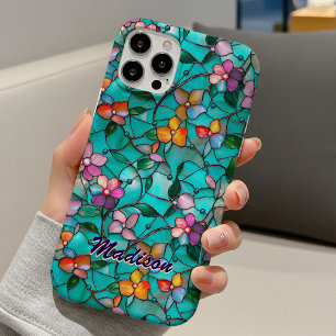 Luminous Purple Turquoise Stained Glass Floral iPhone 16 Case