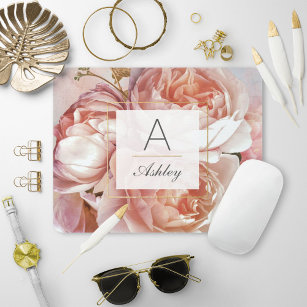 LUMINOUS ROSE Elegant Modern Floral Monogram Mouse Pad
