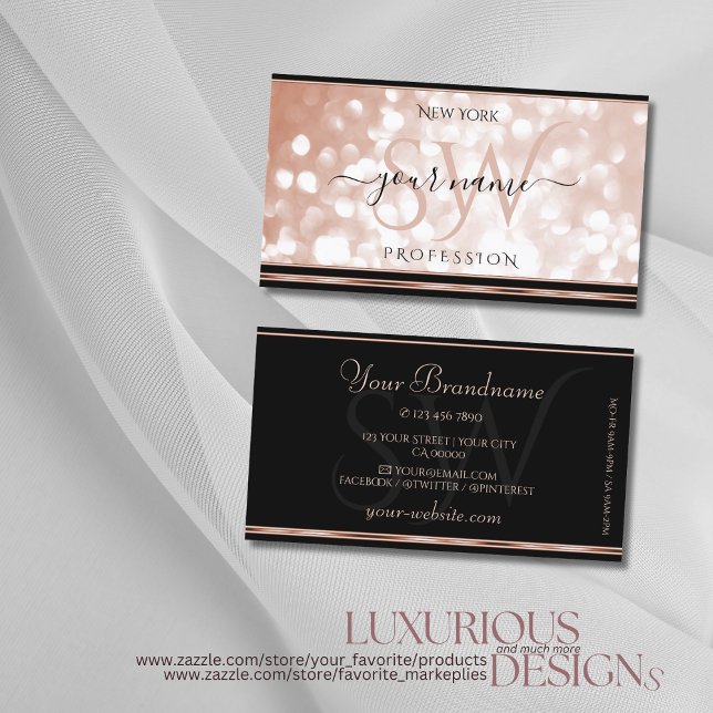 Luminous Rose Gold Glitter Initials Luxury Black Business Card (Creator Uploaded)
