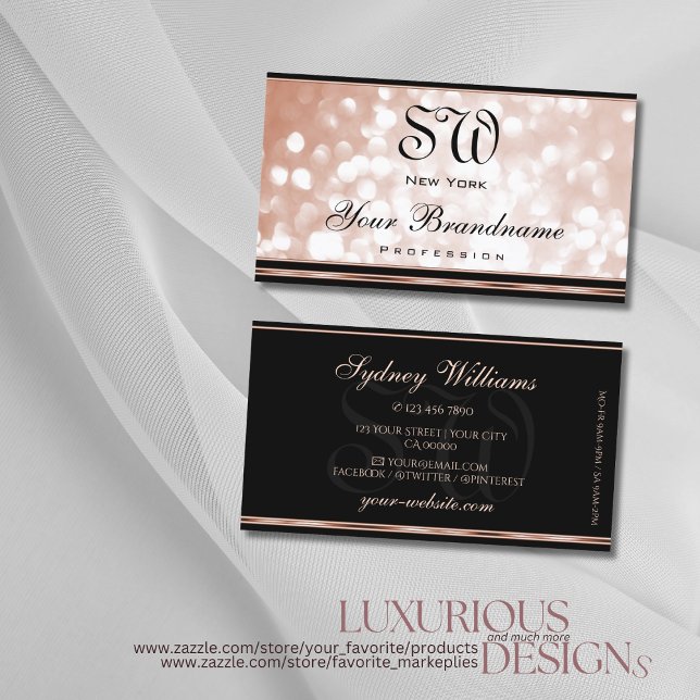 Luminous Rose Gold Glitter Monogram Luxury Black  Business Card (Creator Uploaded)