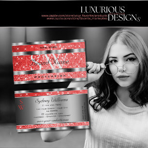 Luminous Ruby Red Glitter Stars Initials Silver Business Card