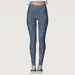 Luminous scattered plants outlines.Blue D GREY BG Leggings