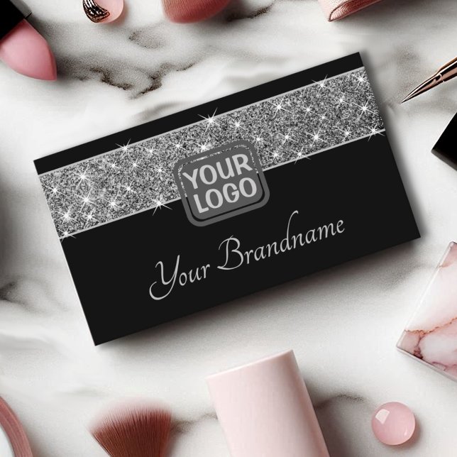 Luminous Silver Glitter Sparkle Stars Logo Black Business Card (Creator Uploaded)