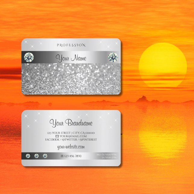 Luminous Silver Glitter Sparkling Stars Diamonds Business Card (Creator Uploaded)