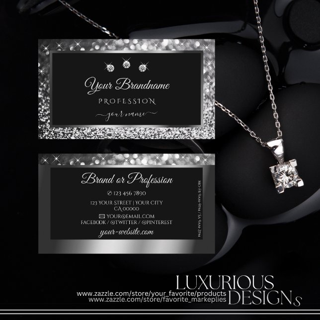 Luminous Silver Sparkle Glitter Diamonds Black Business Card (Creator Uploaded)