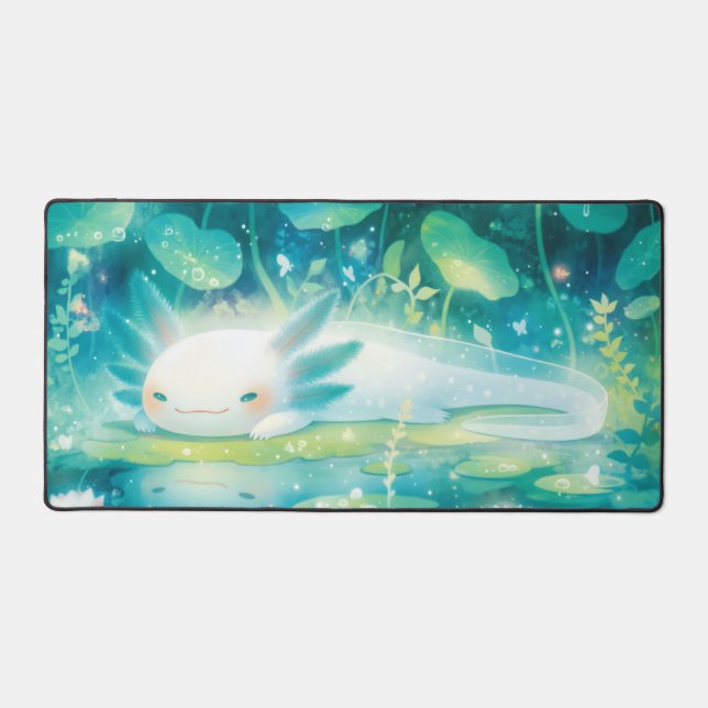 Luminous Teal Axolotl Aquatic Dream Pond Desk Mat (Front)