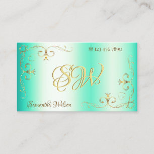 Luminous Teal Gold Ornate Corner Border Initials Business Card