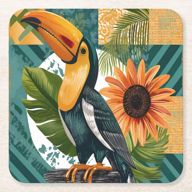 Luminous Tukan in tropical harmony Square Paper Coaster (Front)