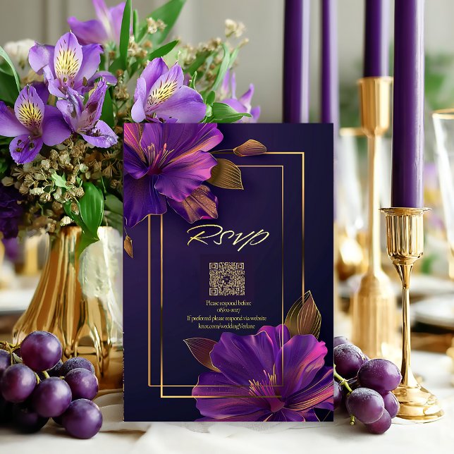 Luminous Violets QR Code RSVP  Card (Vibrant Modern QR Code Purple Violets Wedding RSVP Enclosure Card )