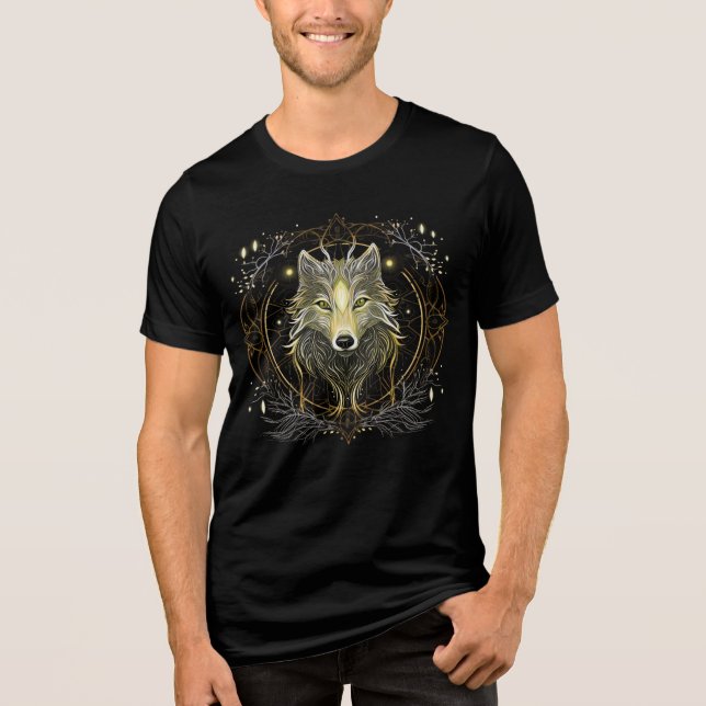 Luminous Wolf Mandala – Golden Spirit Animal Art Tri-Blend Shirt (Front)