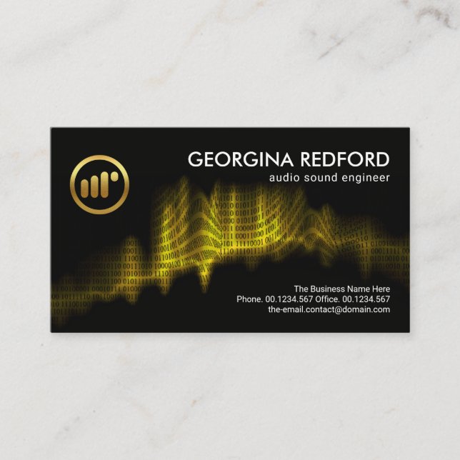 Luminous Yellow Sound Wave Binary Code Audio Sound Business Card (Front)